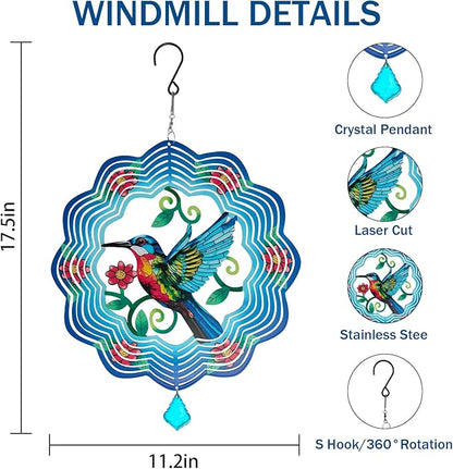 Hummingbird Metal Wind Spinners - 12 Inch Hanging Metal Wind Spinner for Outdoor & Indoor Decor, Hummingbird Kinetic Sculpture for Christmas Ornament Gifts, Yard Art and Garden Decorations