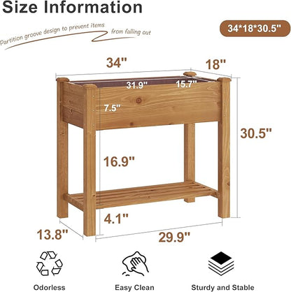 FILWH Raised Garden Bed with Legs Elevated Wooden Planter Box Stand Large Planter Stand Box for Fruits Vegetables Flowers with Divider with Bag - 34x18x30.5IN（Brown）