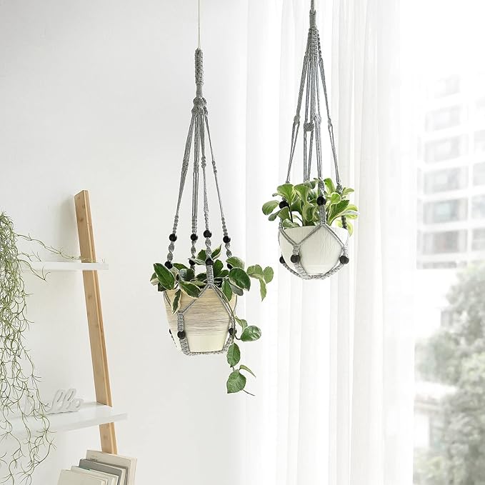 Mkono Macrame Plant Hanger Indoor Hanging Planter Basket with Wood Beads Decorative Flower Pot Holder No Tassels for Indoor Outdoor Boho Home Decor 35 Inch, Grey, Set of 2 (POTS NOT Included)