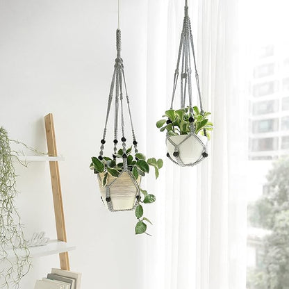Mkono Macrame Plant Hanger Indoor Hanging Planter Basket with Wood Beads Decorative Flower Pot Holder No Tassels for Indoor Outdoor Boho Home Decor 35 Inch, Grey, Set of 2 (POTS NOT Included)