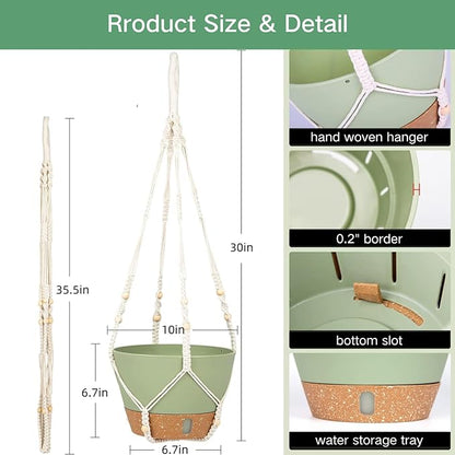 QCQHDU 2 Pack Hanging Planters for Indoor Plants, Outdoor Flower Hanging Baskets, Self Watering Pots with Drainage Holes & Removable Tray (Green, 10 inch, Macrame Hanger)