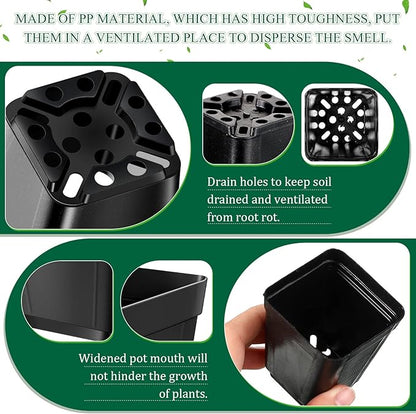 500 Pack 2 Inch Plastic Seedling Pots Small Square Nursery Planters Flower Planting Pots Plastic Plant Planters for Outdoor Indoor Flower, Succulent, Starting Seedlings, Black