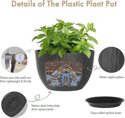12 Inch Large Plant Pots for Indoor or Outdoor Plants, Wide Water Ripples Flower Pots with Drainage Holes & Saucer, Plastic Planters Set for Garden & Home Decor (Black)
