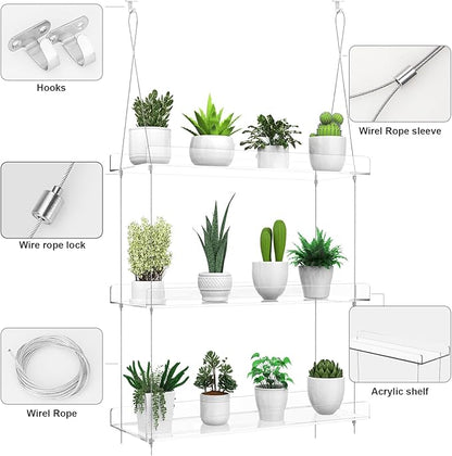 2-Tier Hanging Clear Plant Shelves for Windows, Acrylic Window Wall Plant Stand Shelf for Kitchen Indoor Gardens, Flower, Succulents, Herb, Seedling Organization, and Pots Display, 16 Inch per Tier