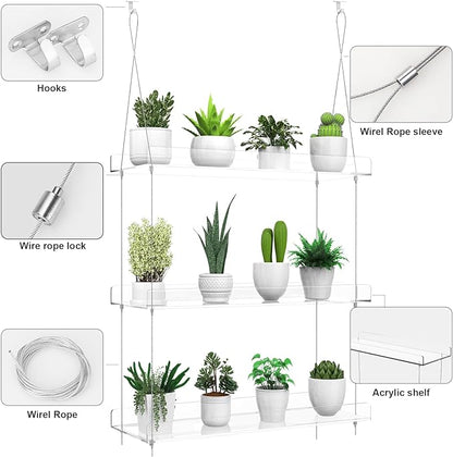 3-Tier Hanging Clear Plant Shelves for Windows, Acrylic Window Wall Plant Stand Shelf for Kitchen Indoor Gardens, Flower, Succulents, Herb, Seedling Organization, and Pots Display, 16 Inch per Tier