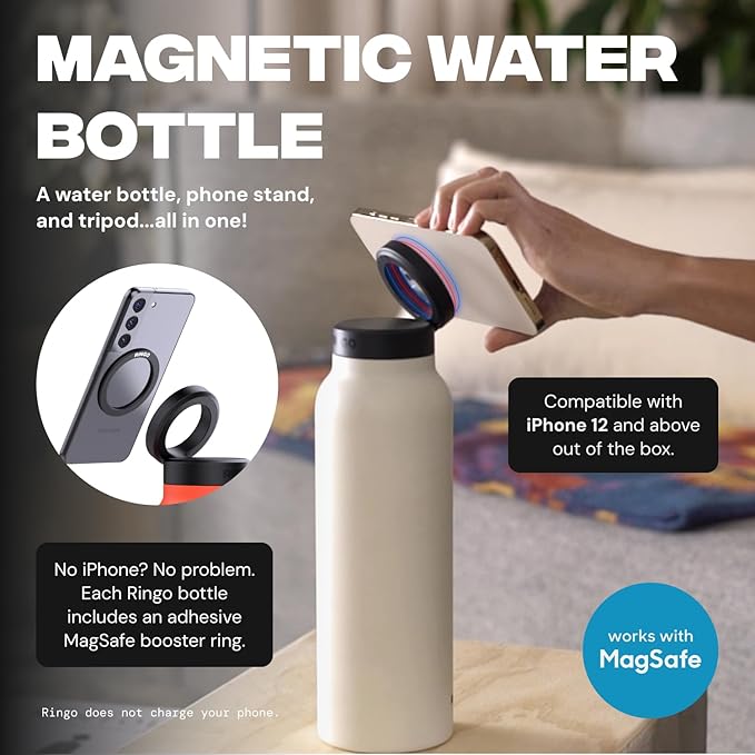 Ringo Insulated Water Bottle - Compatible MagSafe Water Bottle w/Phone Holder - Stainless Steel School Water Bottle w/Magnetic Phone Mount for Kids & Adult-Hot 12H, Cold 24H 360° Rotate - Black 24oz