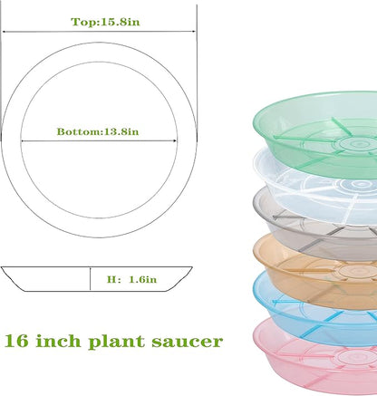 6 Pack Plant Saucer Drip Tray 16 inch, Potting Trays for Plants, Heavy Sturdy Plastic Planter Flower Pot Saucers for Indoor Outdoor Garden, Plant Water Drip Trays for pots (16", Clear)