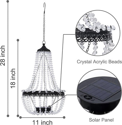 Hanging Solar Chandelier Outdoor, 30 Warm White Lights Acrylic Clear Beaded Chandelier with S Hooks Modern Lantern for Garden Yard Patio Gazebo Decorations, 28”H