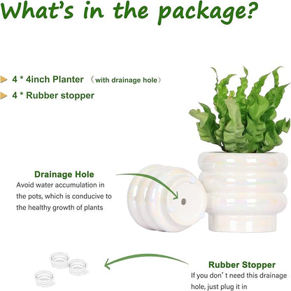 4.1 inch 4 pcs Ceramic Plant Pots for Indoor Plants, Rainbow Pearl Glaze Planter with Planters for Plants with Drainage Hole, Orchid Pots, Succulent Pot, Small Flower Pot (White)