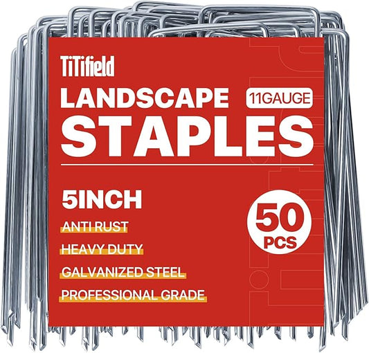 Landscape Staples 5 Inch 50 Pack,Garden Staples Galvanized Ground Stakes Anti-Rust Landscape Fabric Staples Garden Stakes for Irrigation Tubing, Fence, Weed Barrier, Ground Cover