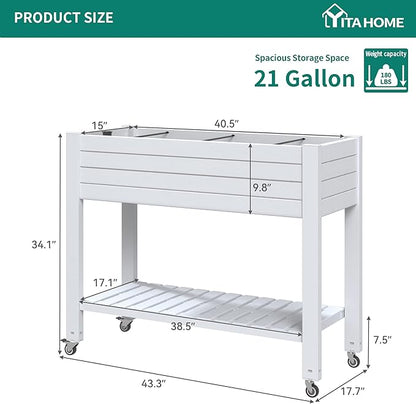 YITAHOME 3.6x1.5x2.8 FT Elevated Garden Bed Kit with Legs and Wheels, Outdoor Large Resin Planter Box Stand with Drain Plug and Storage Shelf for Plants Vegetables Fruits, Grayish-White
