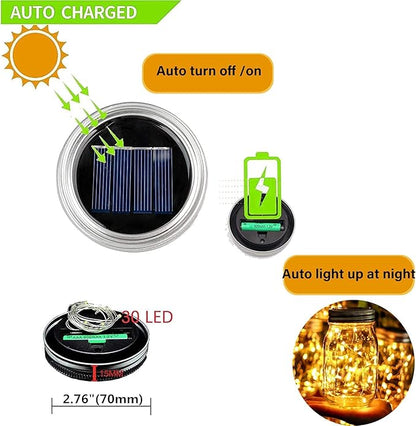 Solar Mason Jar Lights Lids, 8 Pack 30 Led Fairy Lights(Jars Not Included), Outdoor Hanging Mason Jar Solar Lights, Fairy in a Jar Solar Firefly Lights for Patio Garden Table Decor