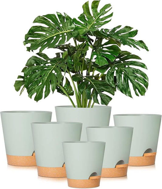 GARDIFE Plant Pots 8/7/6.5/6/5.5/5 Inch Self Watering Planters with Drainage Hole, Plastic Flower Pots, Nursery Planting Pot for All House Plants, African Violet, Flowers, and Cactus,Green