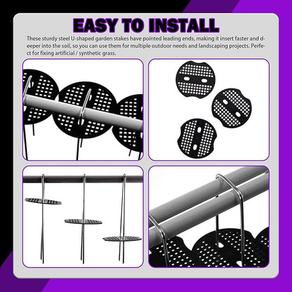 Swpeet 201Pcs U-Shaped Landscape Garden Stakes Staples and Plastic Fixing Gasket with Pick Hook Assortment Kit, Garden Lawn Landscape Staples for Irrigation Hoses, Fixed Fences, Artificial Turf Nails