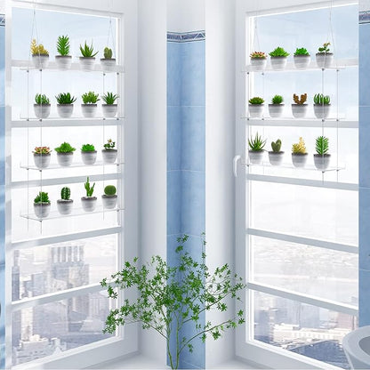 3-Tier Clear Hanging Window Plant Shelves 16In, Height Adjustable Acrylic , Indoor Windows Wall Hanging Plant Stand Flower Display, Flower Pot Organizer Storage for Grow Herbs, Microgreens, Succulents