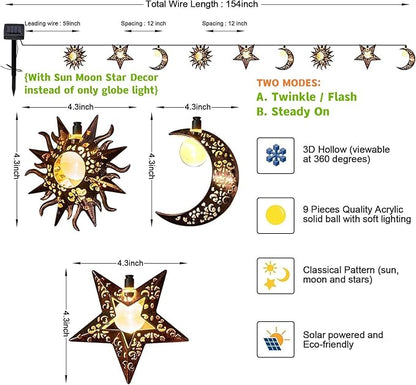 Solar String Lights Outdoor Star Moon Sun 13Ft 153In Led Solar Powered Fairy Decorative Lights for Garden Patio Yard Trees Mothers Day Gifts Wedding Party (Warm White) (Star Moon Sun String Lights)