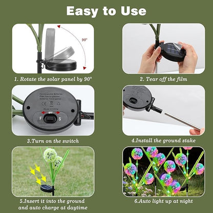 4 Pack Solar Garden Lights, Solar Flowers Lights with 4 Blooming Dandelion Flowers, Waterproof Solar Lights Outdoor for Yard Porch Patio Backyard Pathway Gardening Gifts, 2 Lighting Modes