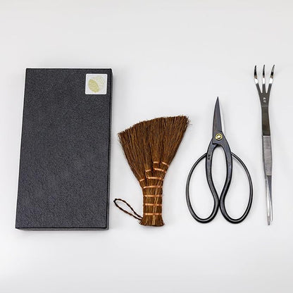 Wazakura Japanese Bonsai Garden 3PCS Tool Starter Kit, Made in Japan, Traditional Bonsai Scissors, Stainless Tweezers with Rake, Chinese Broom. Beginner Set wit Tweezers, Shears and Brush