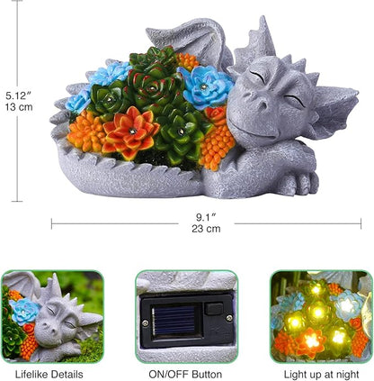 Solar Dragon Statue with Succulent Lights - Dragon Garden Sculptures & Statues，Garden Decor for Outdoor Yard Art Ornaments 9.1inch (Gray)