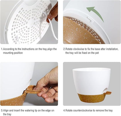 10/9/8 inch Self Watering Pots, Set of 3 Plastic Planters with Mesh Drainage Holes and Deep Reservoir for Indoor Outdoor Garden Plants and Flowers, White with Brown
