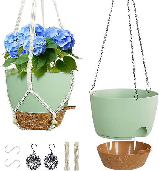 10 inch Self Watering Hanging Planters for Indoor Plants, 2 Pack Hanging Baskets for Outdoor Plants, Hanging Flower Pots with Drainage Holes & 2 Kinds of Plant Hangers for Home Decor, Green