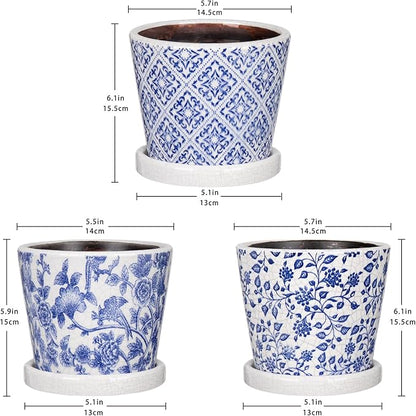 Set of 3 Decorative Plant Pots Blue and White Flower Pot, Round Ceramic Planters for Indoor Plants Pots with Drainage Hole Saucers, Retro Planter Pot for Succulents Cactus Outdoor Garden, 5.5/5.7 Inch