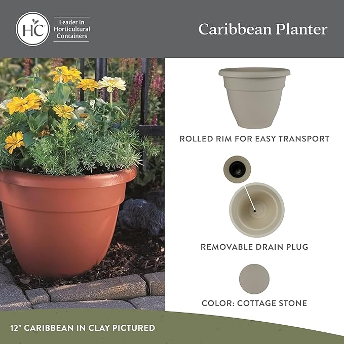 The HC Companies Caribbean Planter Pot - Outdoor & Indoor Plant Pot with Drainage Hole & Plug - Rolled Rim Plastic Pots for Plants & Flowers - Decorative Plant Pot (12" Cottage Stone, Pack of 2)