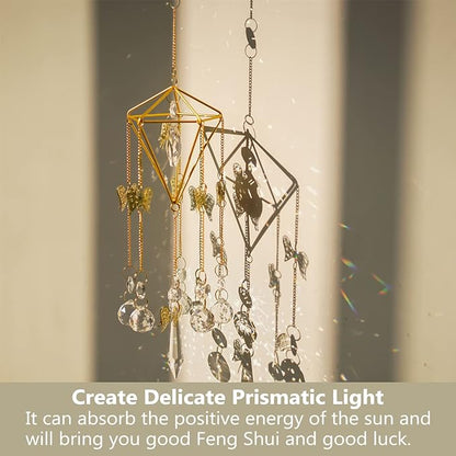 Sun Catchers with Crystals Indoor Window, Handmade Gold Plated Angel Suncatcher, Wind Chime Rainbow Maker Pendant
