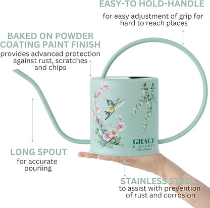 Watering Can for Indoor House Plants - Cute Decorative Metal Gardening Small Water Can for Houseplants & Flowers with Long Spout - 1.5L 51floz 0.4 Gallon (Hummingbird Sage)