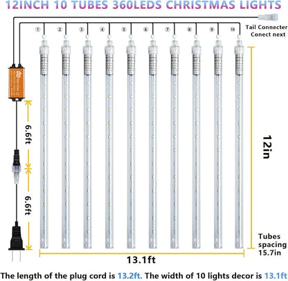 Orange Christmas Meteor Shower Rain Lights, 10 Tube 360 LED 12 Inch Outdoor String Lights, Falling Rain Raindrop Light for Halloween Tree Patio Garden Roof Eaves Decor Waterproof Plug