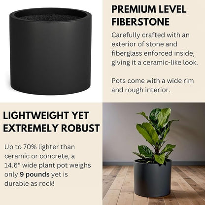 Fox & Fern 14.6 Inch Extra Large Planter — Premium Lightweight Fiberstone Matte Black Plant Pot with Drainage Plug; Big Planter for Indoor & Outdoor Use; Weather Resistant & UV Resistant