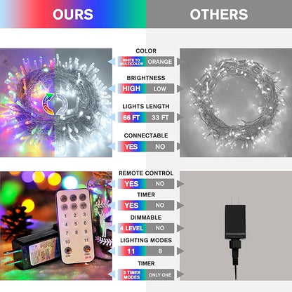 JMEXSUSS 200 LED Christmas String Lights Outdoor Waterproof, 66ft Color Changing String Lights Plug in, Cool White & Multicolor Christmas Lights for Trees Yard Wedding Xmas Party Decorations