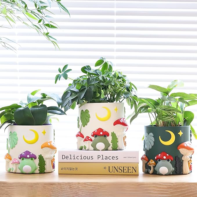 GUGUGO Frog Garden Planters, Cute Unique Plant Pot with Drainage, Rainbow Colorful Small Mushroom Flower Planters Pots for Indoor Plants, Funny Succulent Gardening Pot Gifts Home Décor (C, 5Inch)