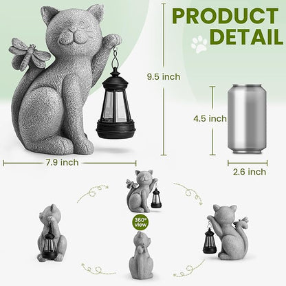 Solar Garden Outdoor Statues Cat with Solar Lantern,Outdoor Cat Figurines Decorations,Lawn Decor Rabbit Statue for Patio, Balcony, Yard Ornament,Unique Housewarming and Birthdays Gifts for Mom Women