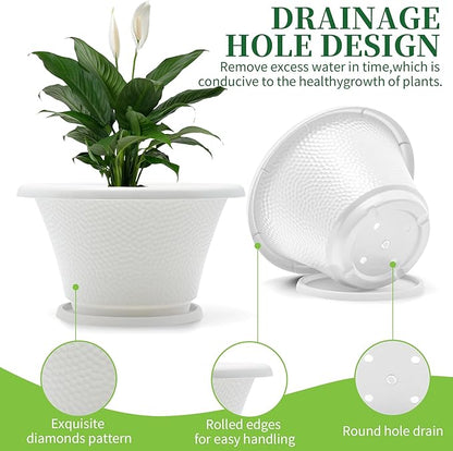 Quarut 12 Inch Plant Pot,4 Pack Large pots for Plants,Flower Pots with Drainage Hole & Saucer,Modern Planters for Indoor Outdoor Plants,Decorative Resin Garden Pots,White