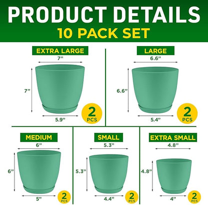Planter Pots with Drainage Holes - Lightweight, Durable, & Space-Saving Pots for Indoor and Outdoor - Versatile Functionality, Simple Modern Design, Set of 10 Plastic Planter Pots Mint