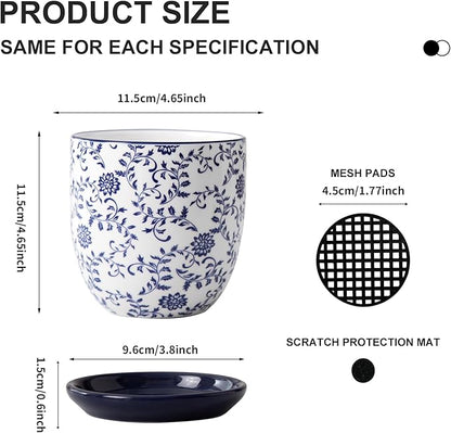 Ceramic Succulent Planter Pots - 4.6 Inch Small Flower Pot with Drainage Holes and Saucers for Indoor Plant, Cactus, Herbs, Outdoor Plants, Home Decor, Set of 4, Vintage Blue