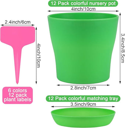 ADXCO 12 Pack 4 Inch Plastic Planters Flower Plant Pots Multi Color Flower Seedling Nursery Pots Thick Outdoor Indoor Plants for Your Room, Office, Garden Decor with Pallet, 8 Colors