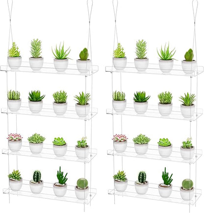 Clear Hanging Window Plant Shelves,2-Pack 4-Tier,Indoor Windows Wall Hanging Plant Stand Flower Display,Flower Pot Organizer Storage for Window Grow Herbs,Microgreens,Succulents,Flowe4,16-Inch