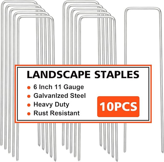 Landscape Staples, Galvanized Garden Stakes, Plant Cover Staples, 10 Pack 6 Inch 11 Gauge Garden Staples, Anti-Rust Ground Sod Pins Lawn Yard Stakes for Securing Weed Fabric Irrigation Tubing
