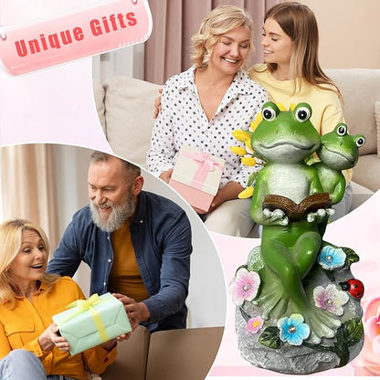 Frog Garden Statue,Frog Garden Decor,Solar Frog Statue Sitting on a Stone Reading a Book with 5 LEDs for Lawn Patio Yard Porch Decoration, Outdoor Garden Decor, yijiayi-008