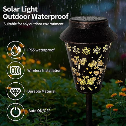 Solar Pathway Lights, Dragonfly Metal Copper Lantern for Yard, Garden, Walkway, Lawn and Patio Decor, Outdoor Waterproof Landscape Lighting Gifts for Women, Mom, Grandma