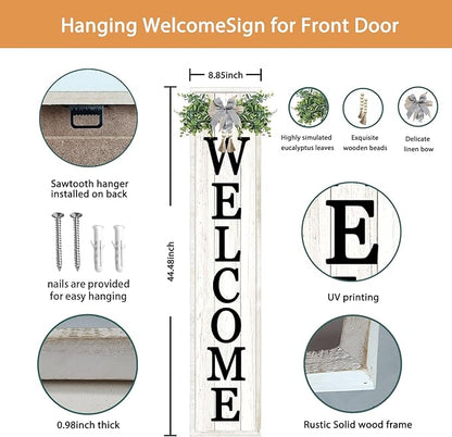 Welcome Sign for Front porch Standing 45"X9"Large Wood Frame Outdoor Tall Welcome Signs Vertical Decor for Farmhouse Rustic Home Modern Outside Front Door Wall Decorations (White)