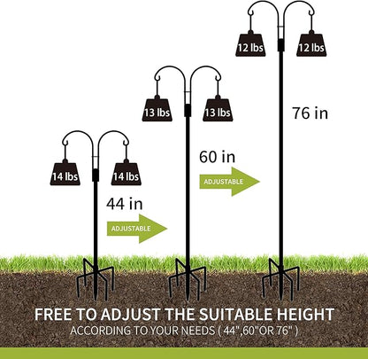 XDW-GIFTS Double Shepherds Hooks for Outdoor, 2-Pack Heavy Duty Garden Pole for Hanging Bird Feeder, Plant Baskets, Solar Light Lanterns, Garden Plant Hanger Stands with 5 Base Prongs