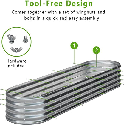 KFN 2PCS 8x1.8x1FT Galvanized Raised Garden Bed,Raised Garden Bed Kit-Oval Metal Vegetable Box,Large Planter Flower Boxes Outdoor,Planting for Vegetables,Flower,Herb,Sliver,0.7mm