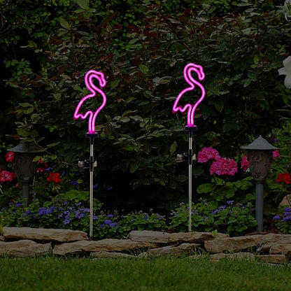 Flamingo Solar Garden Stake Lights, [Set of 2] Outdoor Solar Pathway Light for Lawn Patio Yard Walkway, Neon Pink Lighting (29.5" Height)