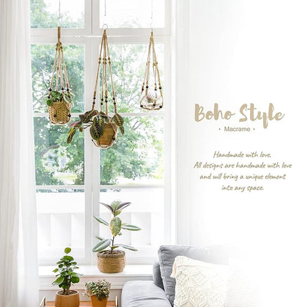 Mkono Macrame Plant Hanger Indoor Jute Hanging Planter Basket with Wood Beads Decorative Flower Pot Holder No Tassels for Indoor Outdoor Boho Home Decor 35 Inch, Brown, Set of 2 (POTS NOT Included)
