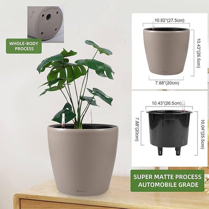 Dexceder 11x10 Inches Self Watering Planter Indoor Outdoor, Inner Pot Design, Thickened Table Flower Plant Pot with Water Level Indicator (Taupe Matte)