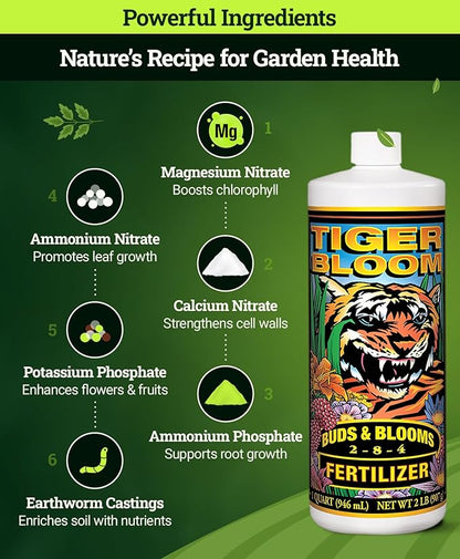 FoxFarm Tiger Bloom Liquid Fertilizer Concentrate - Fast Acting Formula for Vicious Growth with Phosphorus - Encourages Fruit, Flower & Bud Development, NPK 2-8-4 (Quart)