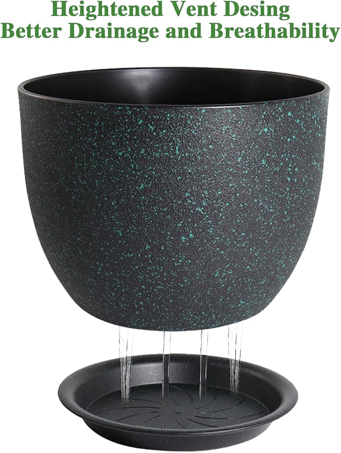 12/10/9 Large Modern Plant Pots, Plastic Planters with Drainage Holes and Saucers for Indoor Outdoor Plants Flowers, Black with Green Speckles